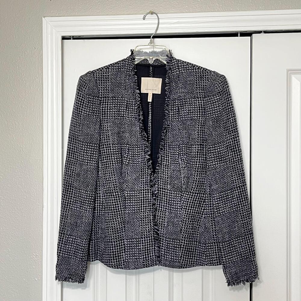 Rebecca Taylor Blazer Jacket Womens 8 Vintage Tweed Textured Fringe Collarless